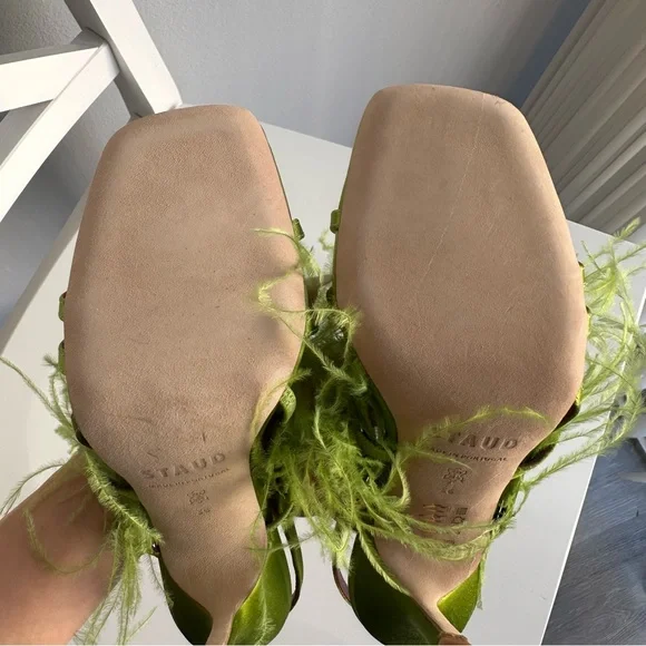 NWOT Staud Anise Feather-Trimmed Satin Heeled Sandals in Lime Green Size EU 36 - Picture 13 of 14